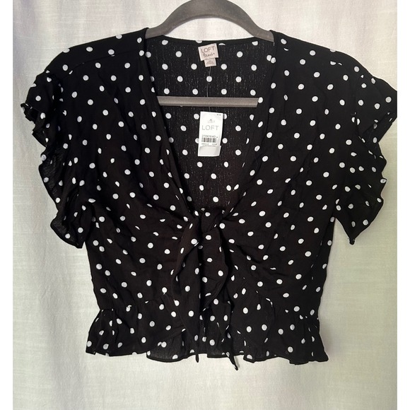 LOFT Tops - Loft Beach Womens XS Black Polka Dot Tie Front Ruffle Crop Top Blouse 27061640